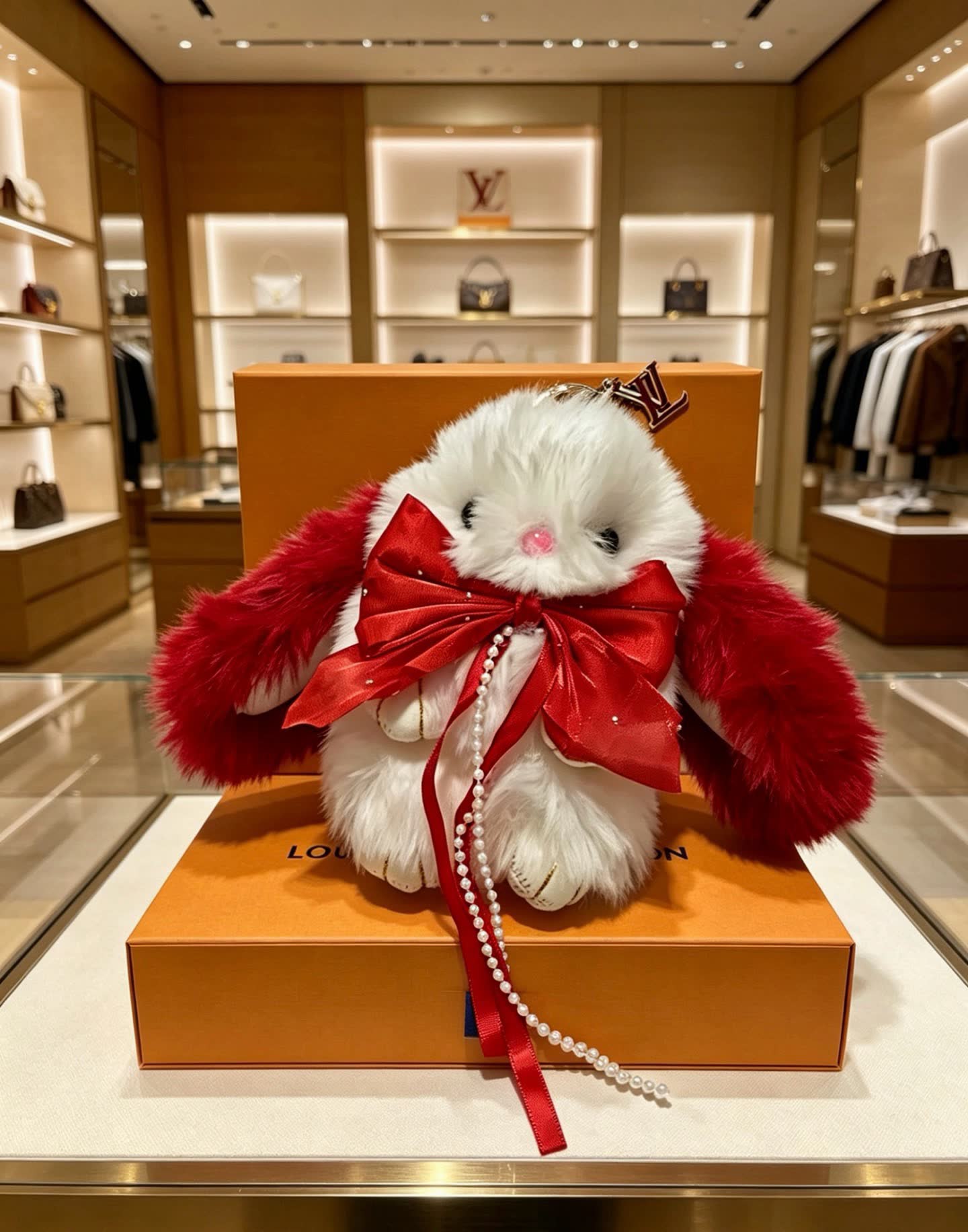 Louis Vuitton Luxury White Rabbit Keychain with Pearls and Ribbons